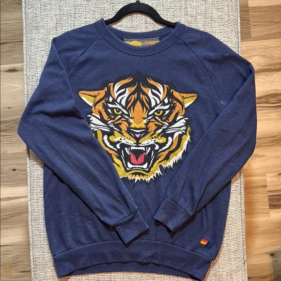 Aviator Nation Tiger Print Sweatshirt Crew Neck Pullover Navy Medium - Picture 2 of 8